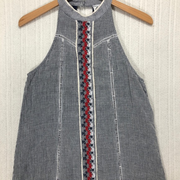 Source Unknown Dresses & Skirts - Stripe Halter‎ Dress Embroidered Lace Trim Blue White Red Cotton Blend Size S